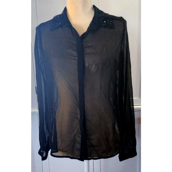 In Style Collection Women's Sheer Rhinestone Black Button Down Shirt Large - Picture 1 of 5